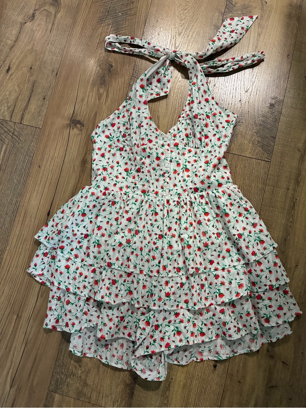 Altard State White Floral Halter Tiered Romper with Red Rose Print